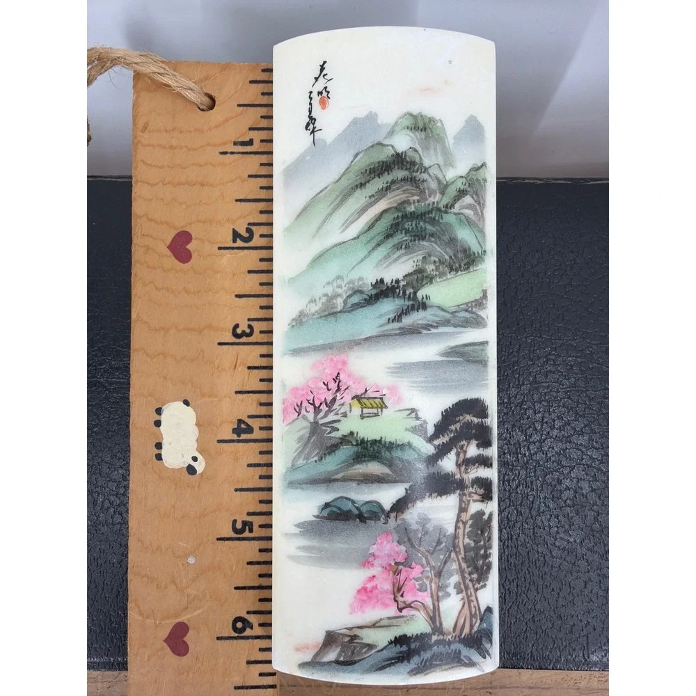 Chinese Hand Painted Marble Landscape Slab Mountain Cherry‎ Blossom Decor 6.5in